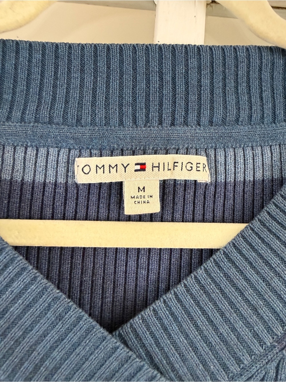 Tommy Hilfiger Striped V-Neck Sweater in Navy, Light Blue & White - Picture 2 of 8